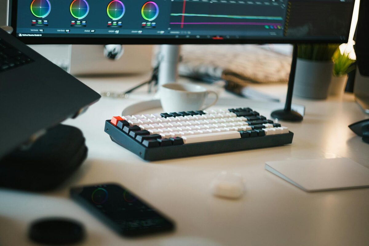 Professional video editing workspace with studio equipment, ideal for a YouTube Shorts production workflow